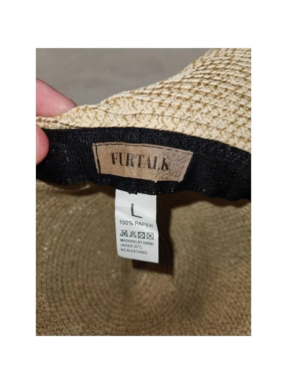 FURTALK Beige Straw Hat Size L Woven Black Ribbon